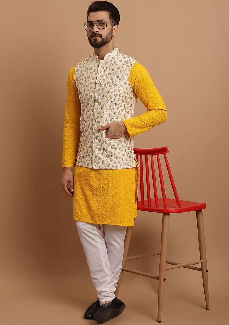 Mustard Embroidered Cotton Kurta Set For Men - Indya