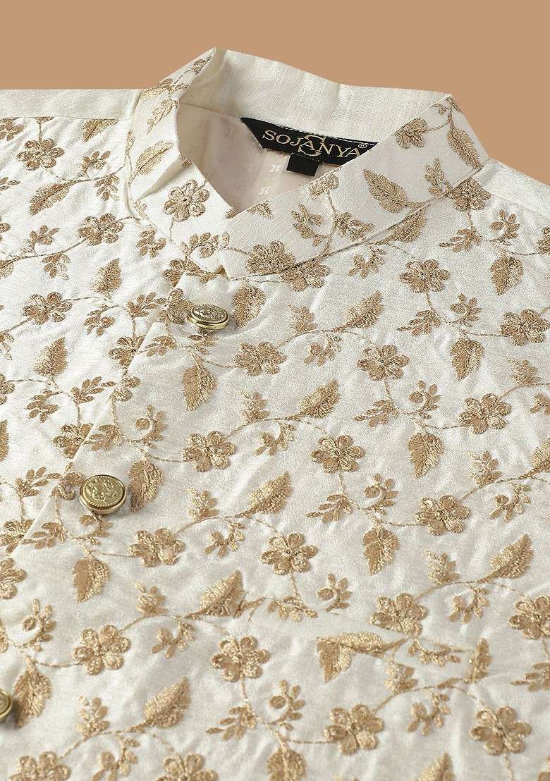 Mustard Embroidered Cotton Kurta Set For Men - Indya