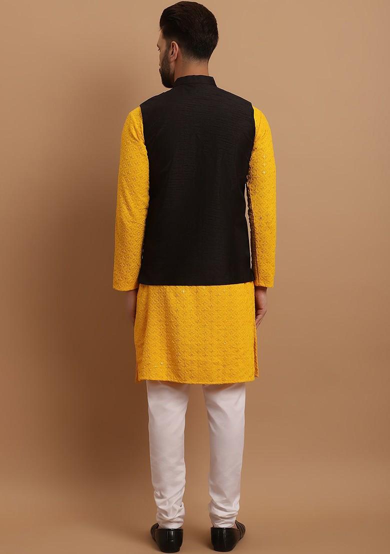 Mustard Embroidered Cotton Kurta Set For Men