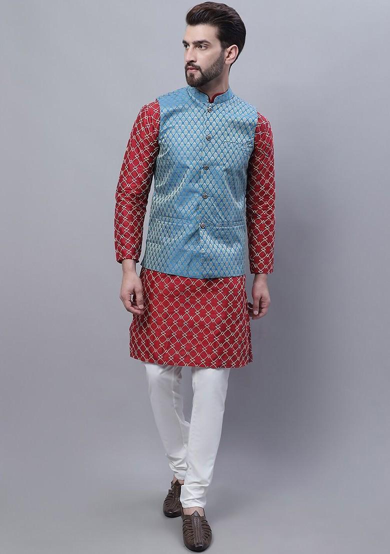 Maroon Embroidered Poly Blend Kurta Set For Men