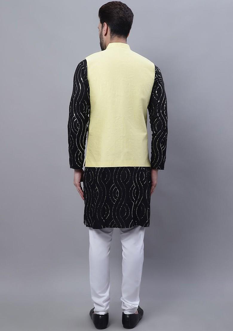 Black Embroidered Cotton Kurta Set For Men