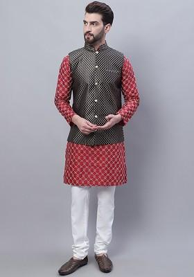 Maroon Thread Work Poly Blend Kurta Set For Men