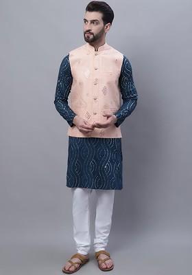 Teal Blue Embroidered Cotton Kurta Set For Men