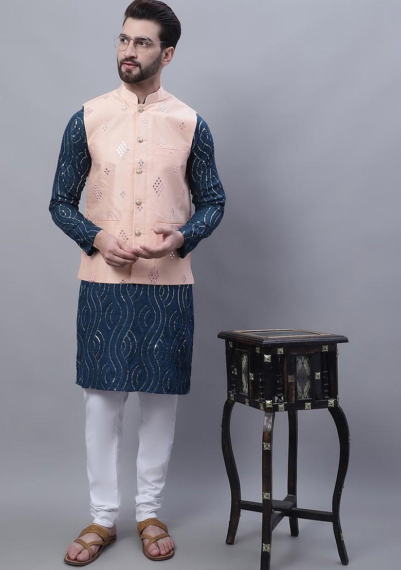 Teal Blue Embroidered Cotton Kurta Set For Men