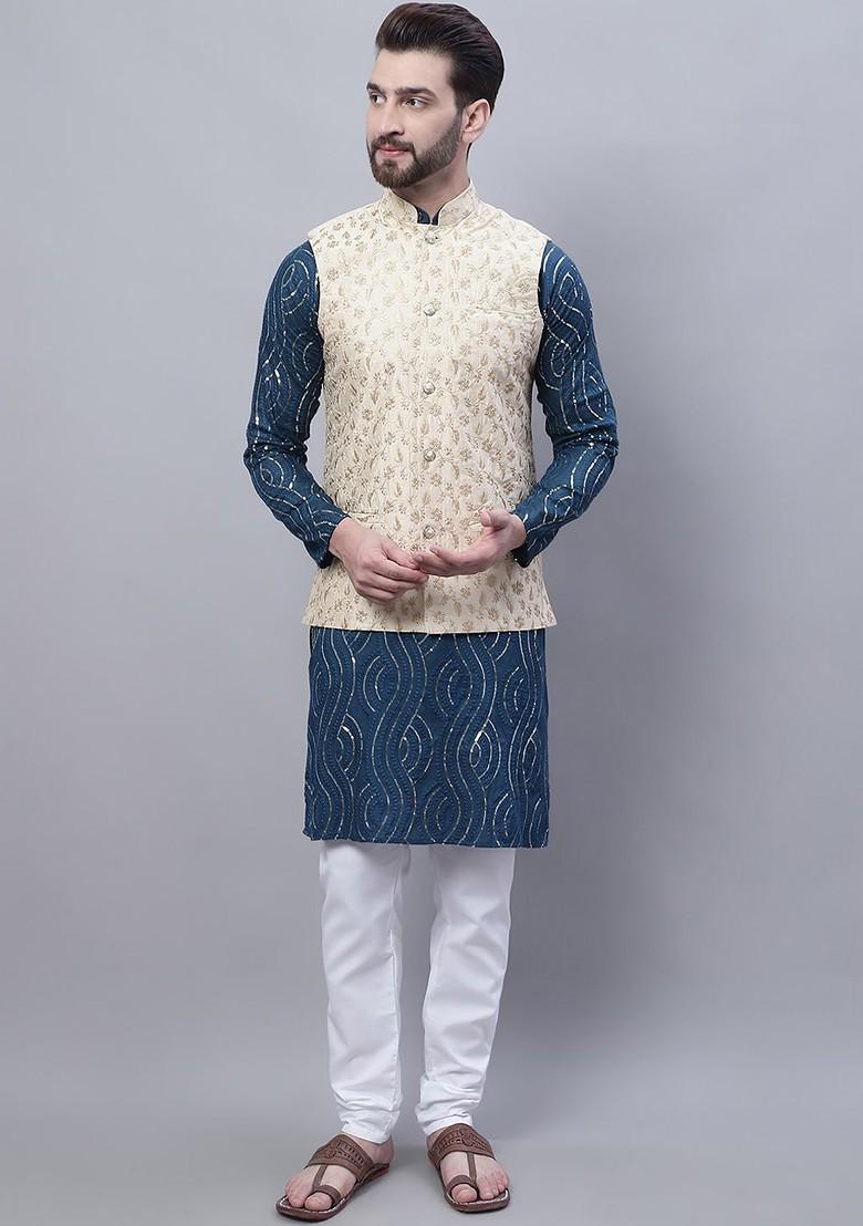 Blue Embroidered Cotton Kurta Set For Men