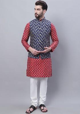 Maroon Thread Work Poly Blend Kurta Set For Men