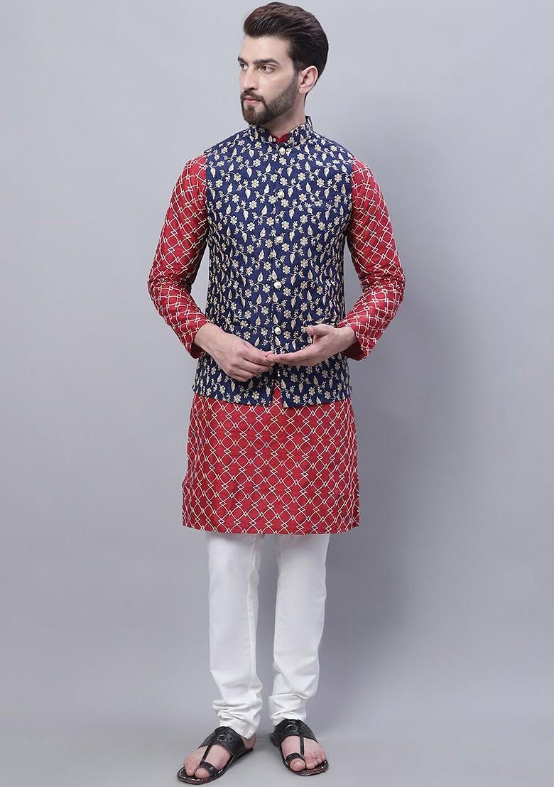 Maroon Thread Work Poly Blend Kurta Set For Men