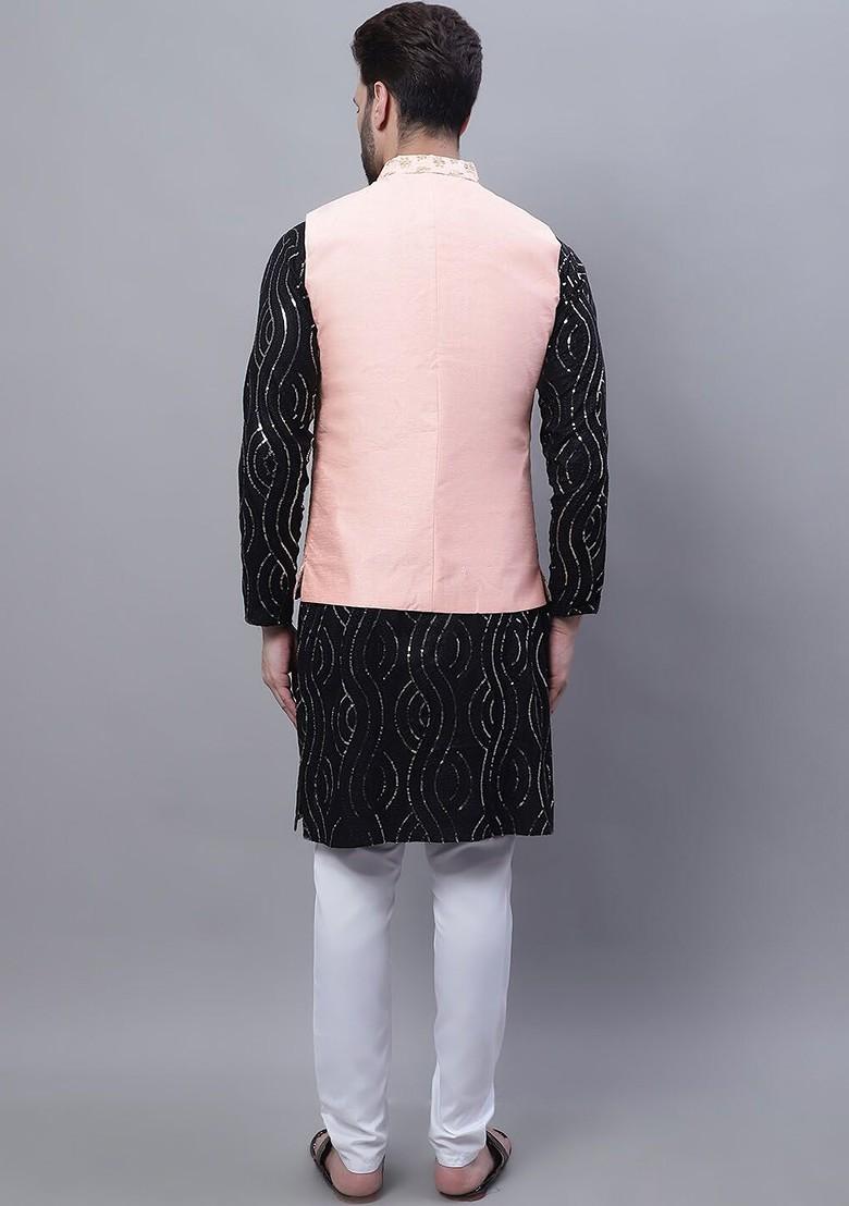 Black Embroidered Cotton Kurta Set For Men