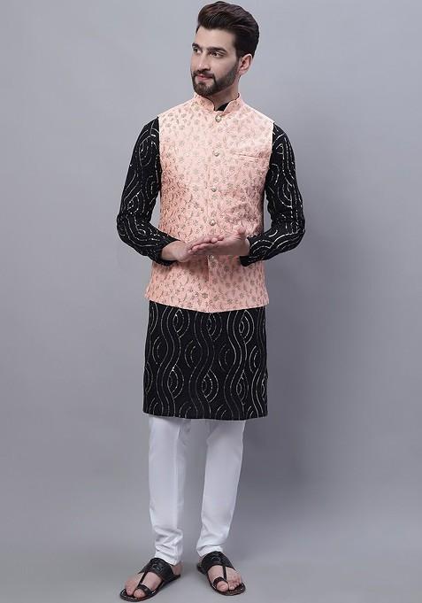Black Embroidered Cotton Kurta Set For Men