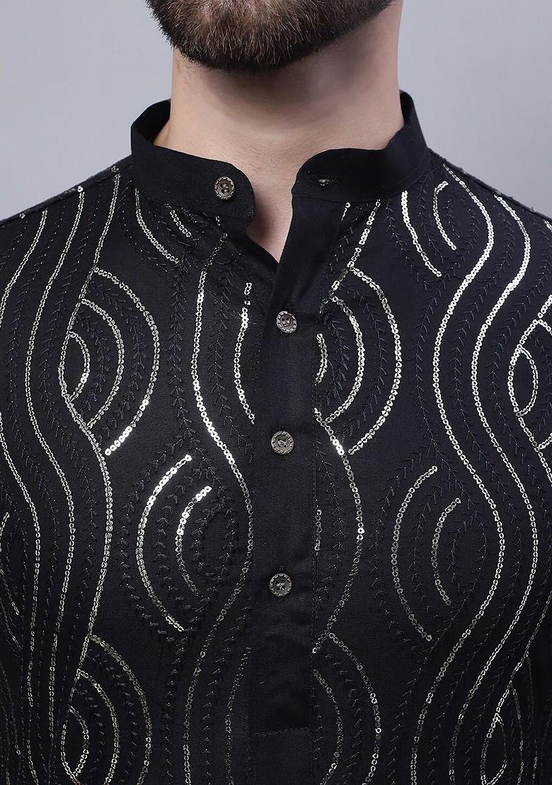 Black Embroidered Cotton Kurta Set For Men