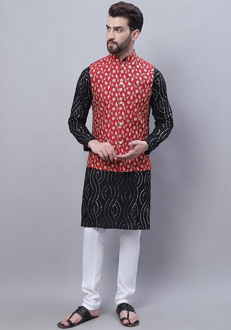 Black Embroidered Cotton Kurta Set For Men