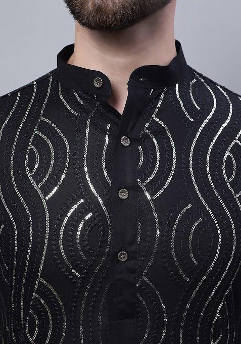 Black Embroidered Cotton Kurta Set For Men