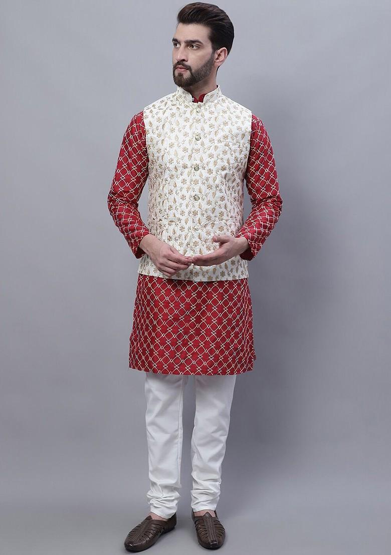 Maroon Embroidered Poly Blend Kurta Set For Men