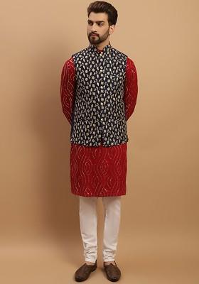 Maroon Embroidered Cotton Kurta Set For Men