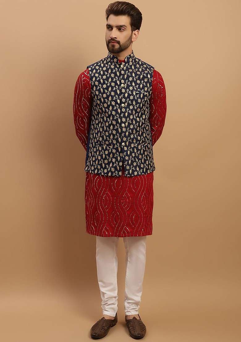 Maroon Embroidered Cotton Kurta Set For Men - Indya