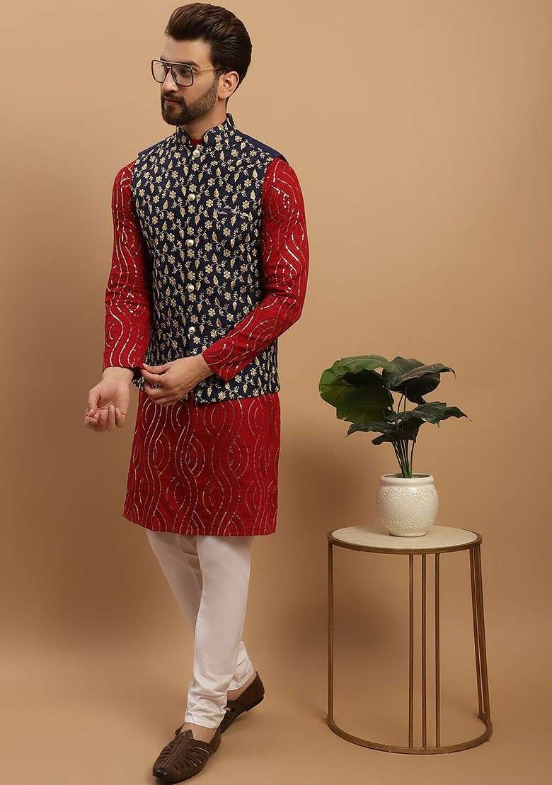 Maroon Embroidered Cotton Kurta Set For Men - Indya