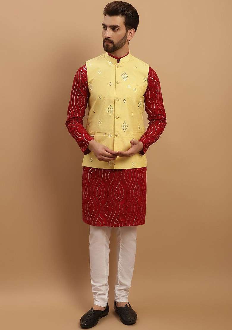 Maroon Embroidered Cotton Kurta Set For Men - Indya