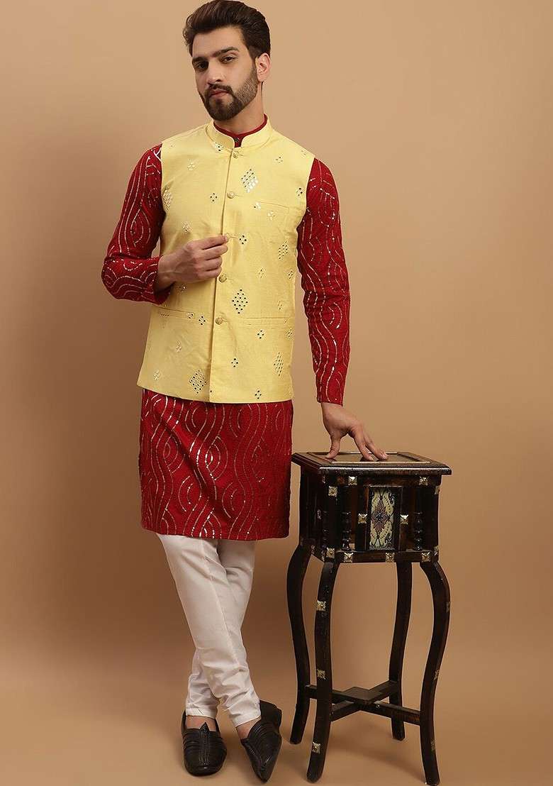 Maroon Embroidered Cotton Kurta Set For Men - Indya