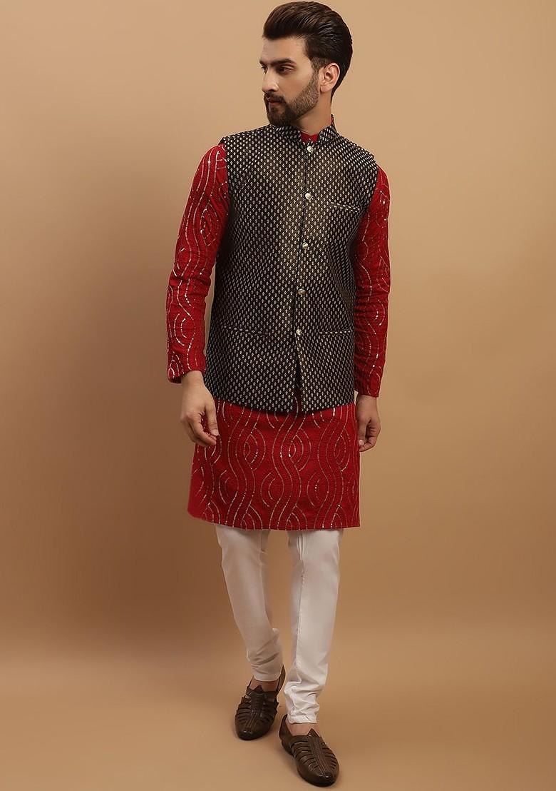 Maroon Embroidered Cotton Kurta Set For Men