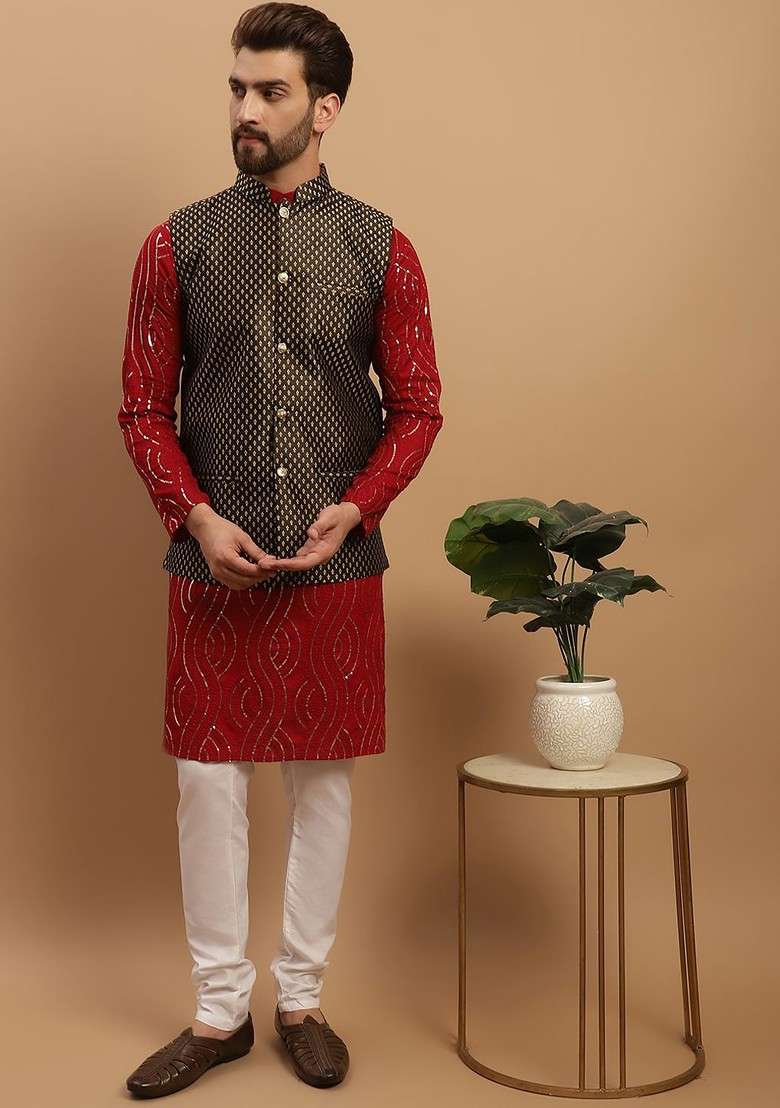 Maroon Embroidered Cotton Kurta Set For Men - Indya