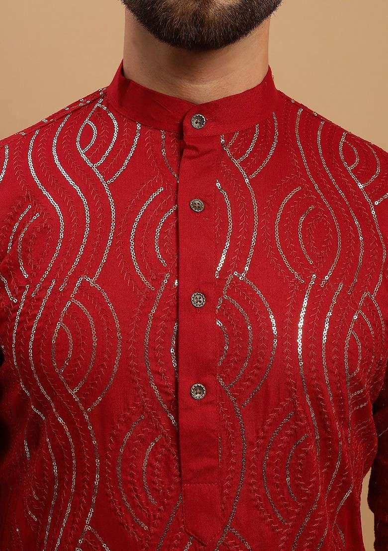 Maroon Embroidered Cotton Kurta Set For Men - Indya