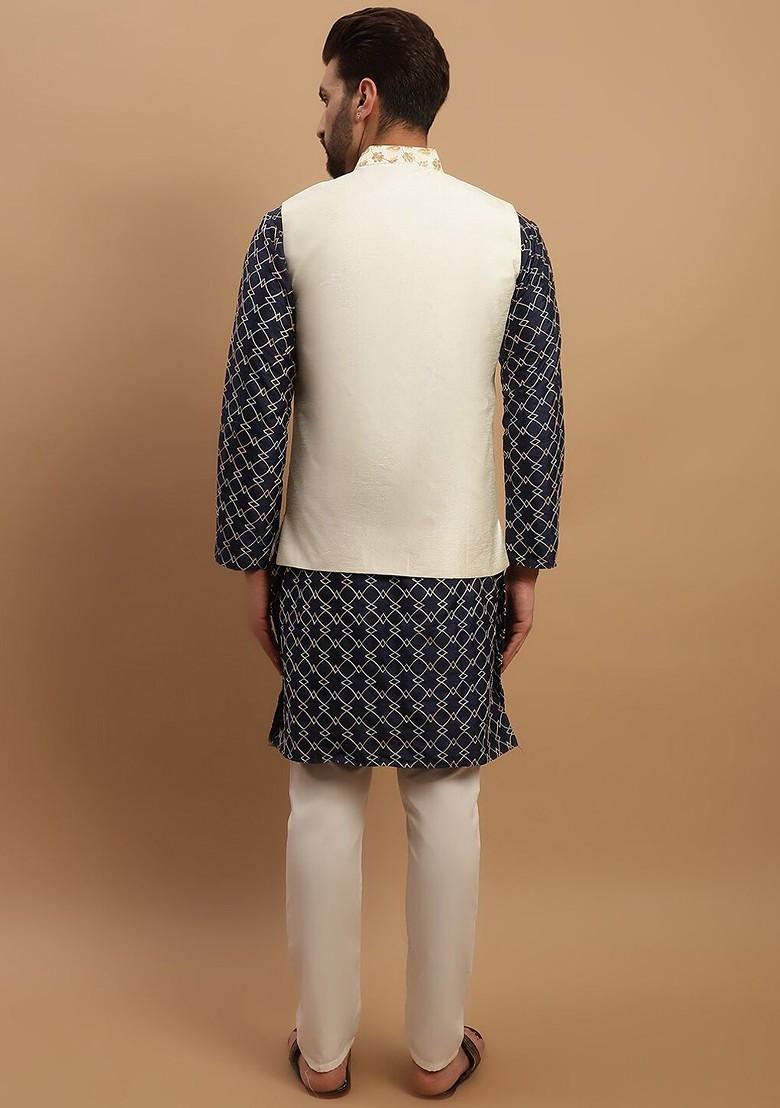 Navy Blue Embroidered Poly Blend Kurta Set For Men