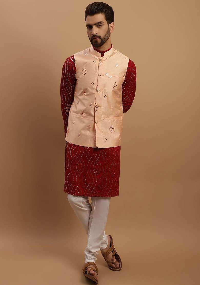 Maroon Embroidered Cotton Kurta Set For Men - Indya