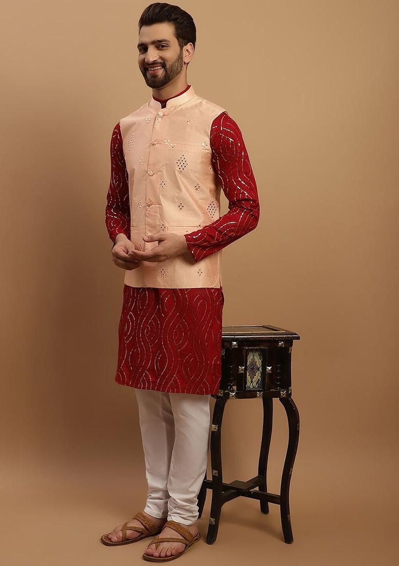 Maroon Embroidered Cotton Kurta Set For Men