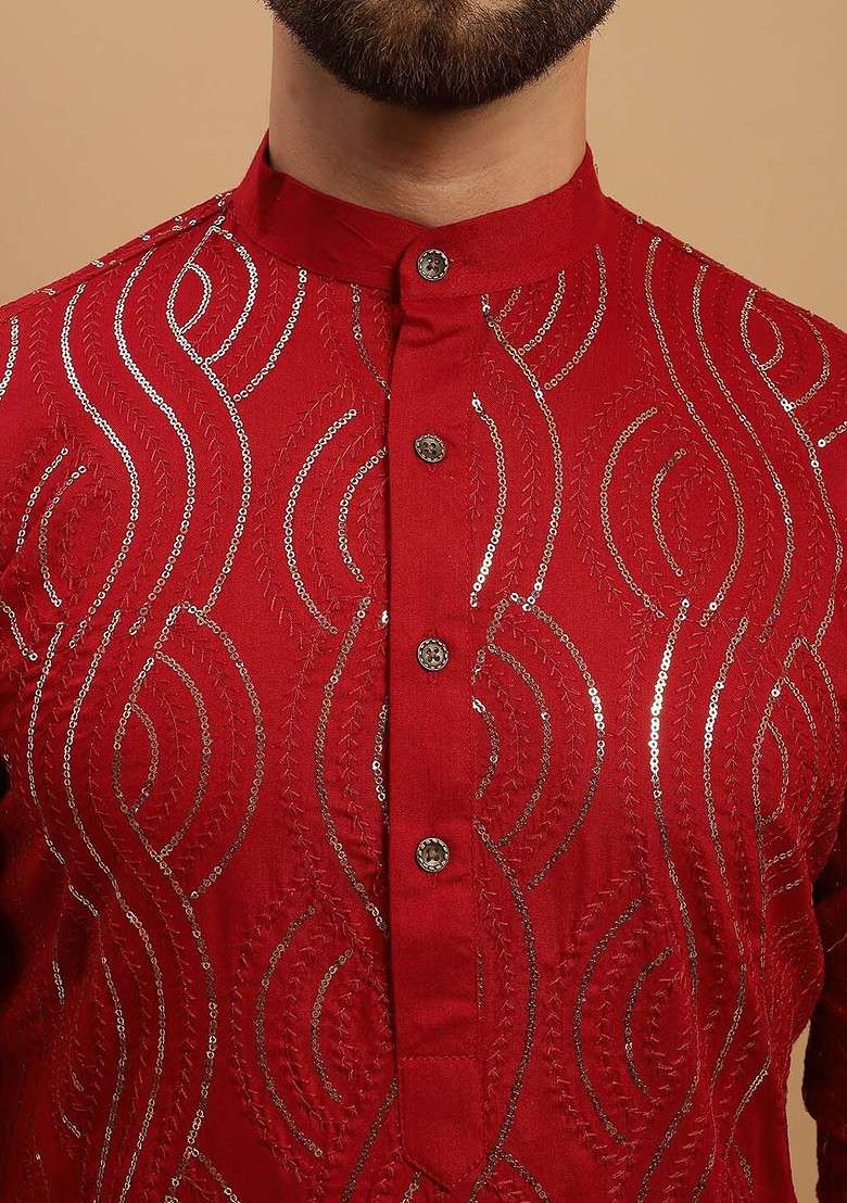 Maroon Embroidered Cotton Kurta Set For Men - Indya
