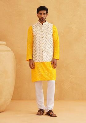 Yellow Embroidered Cotton Kurta Set For Men