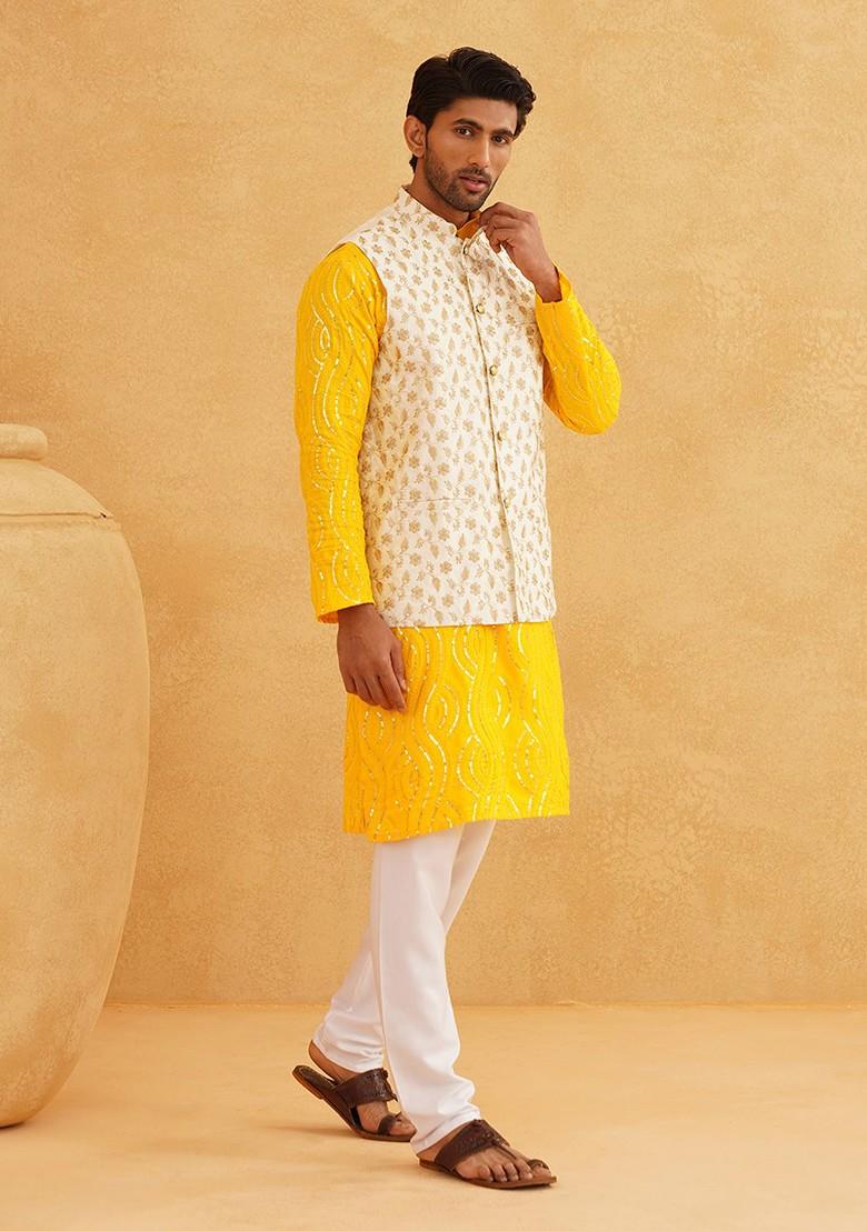 Yellow Embroidered Cotton Kurta Set For Men