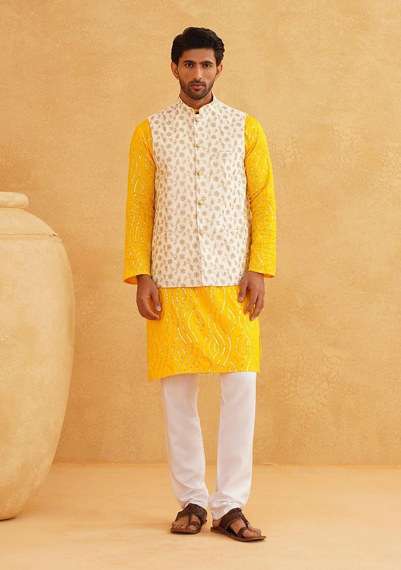 Yellow Embroidered Cotton Kurta Set For Men