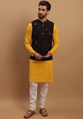 Mustard Embroidered Cotton Kurta Set For Men