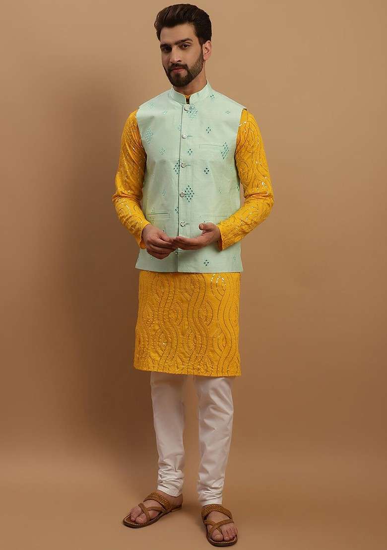 Mustard Embroidered Cotton Kurta Set For Men - Indya