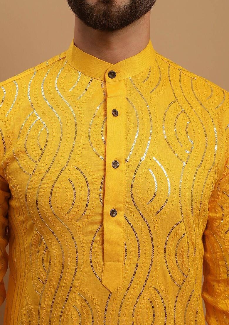 Mustard Embroidered Cotton Kurta Set For Men