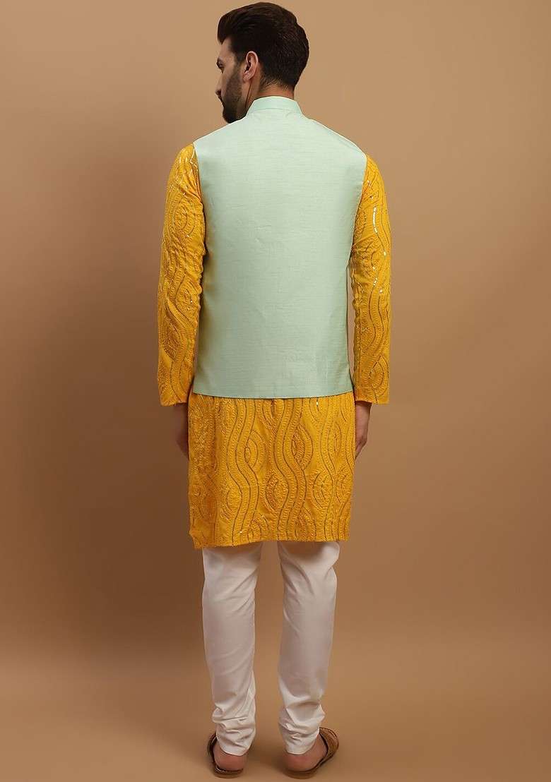 Mustard Embroidered Cotton Kurta Set For Men - Indya