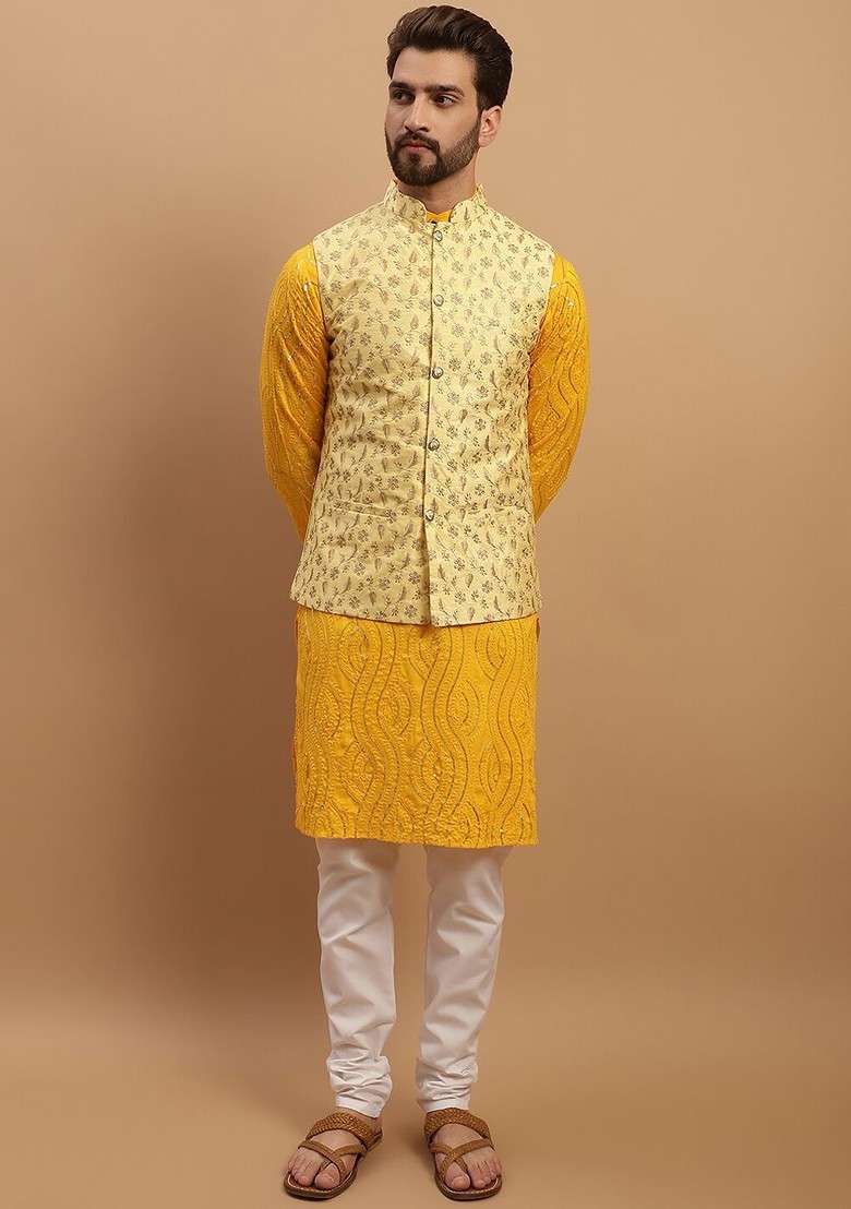 Mustard Embroidered Cotton Kurta Set For Men - Indya