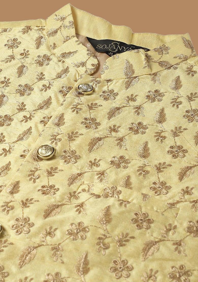 Mustard Embroidered Cotton Kurta Set For Men