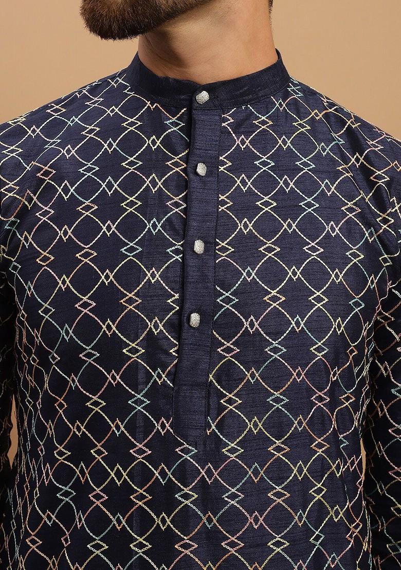 Navy Blue Embroidered Poly Blend Kurta Set For Men