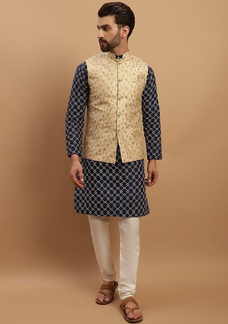 Navy Blue Embroidered Poly Blend Kurta Set For Men