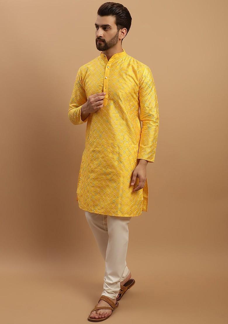 Mustard Embroidered Poly Blend Kurta Set For Men