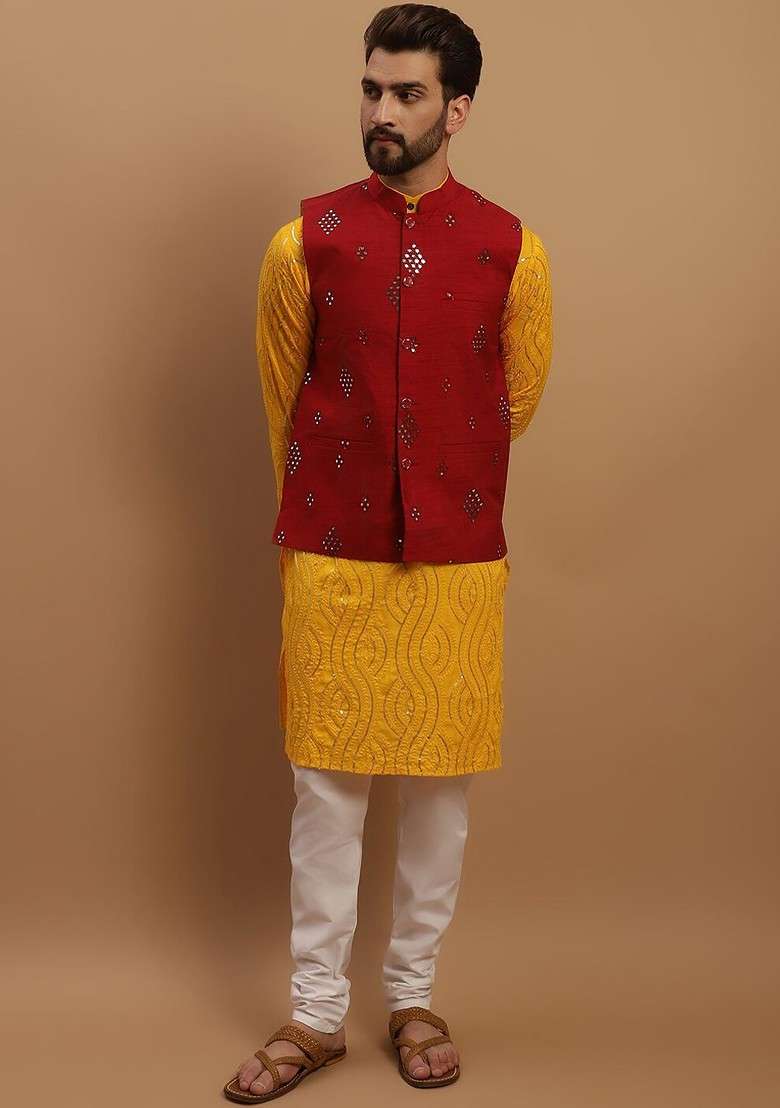 Mustard Embroidered Cotton Kurta Set For Men - Indya