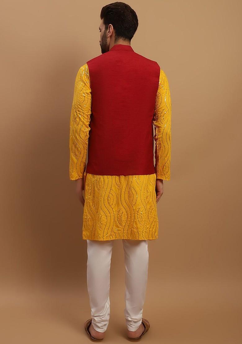 Mustard Embroidered Cotton Kurta Set For Men