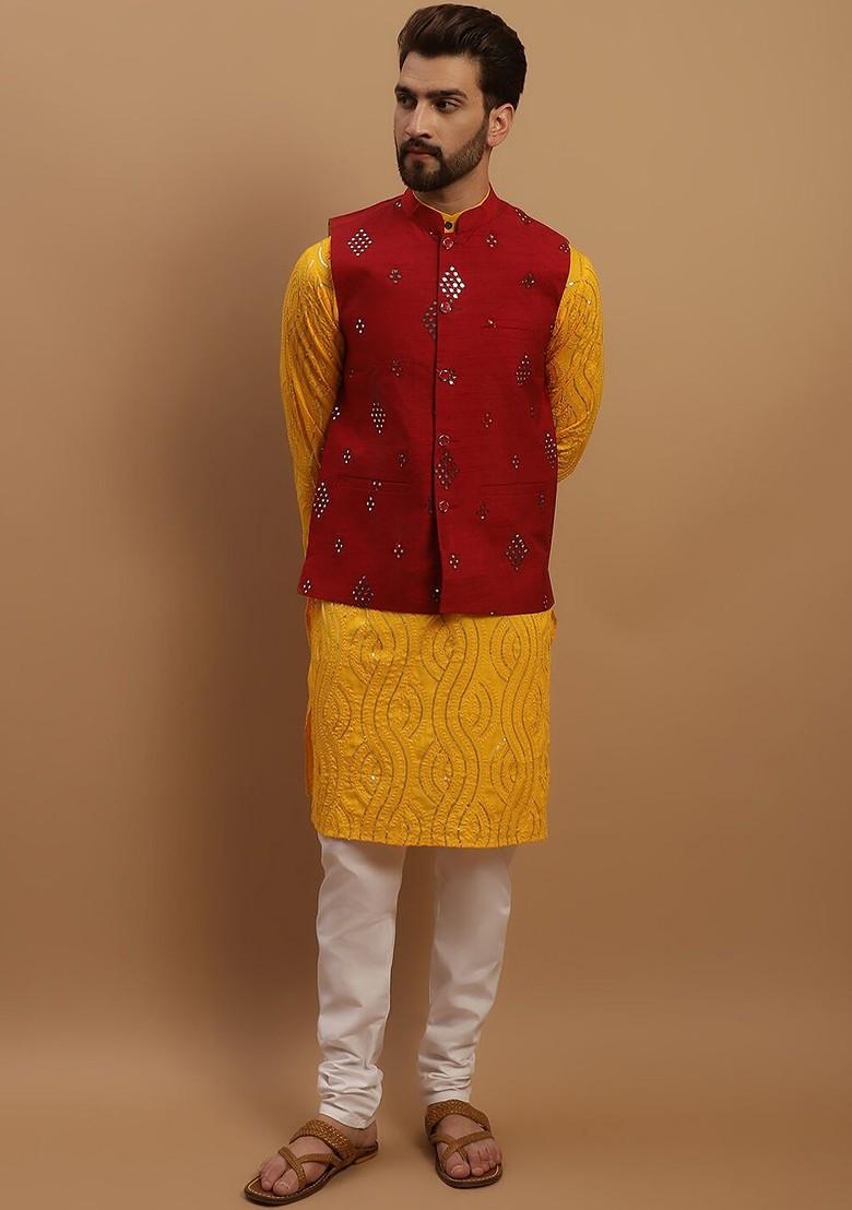 Mustard Embroidered Cotton Kurta Set For Men