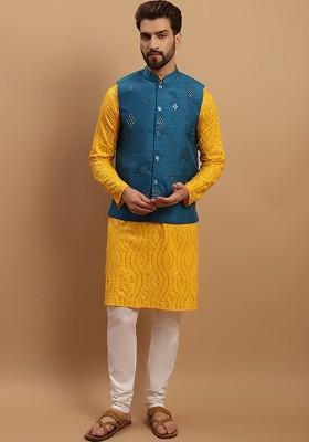 Mustard Embroidered Cotton Kurta Set For Men