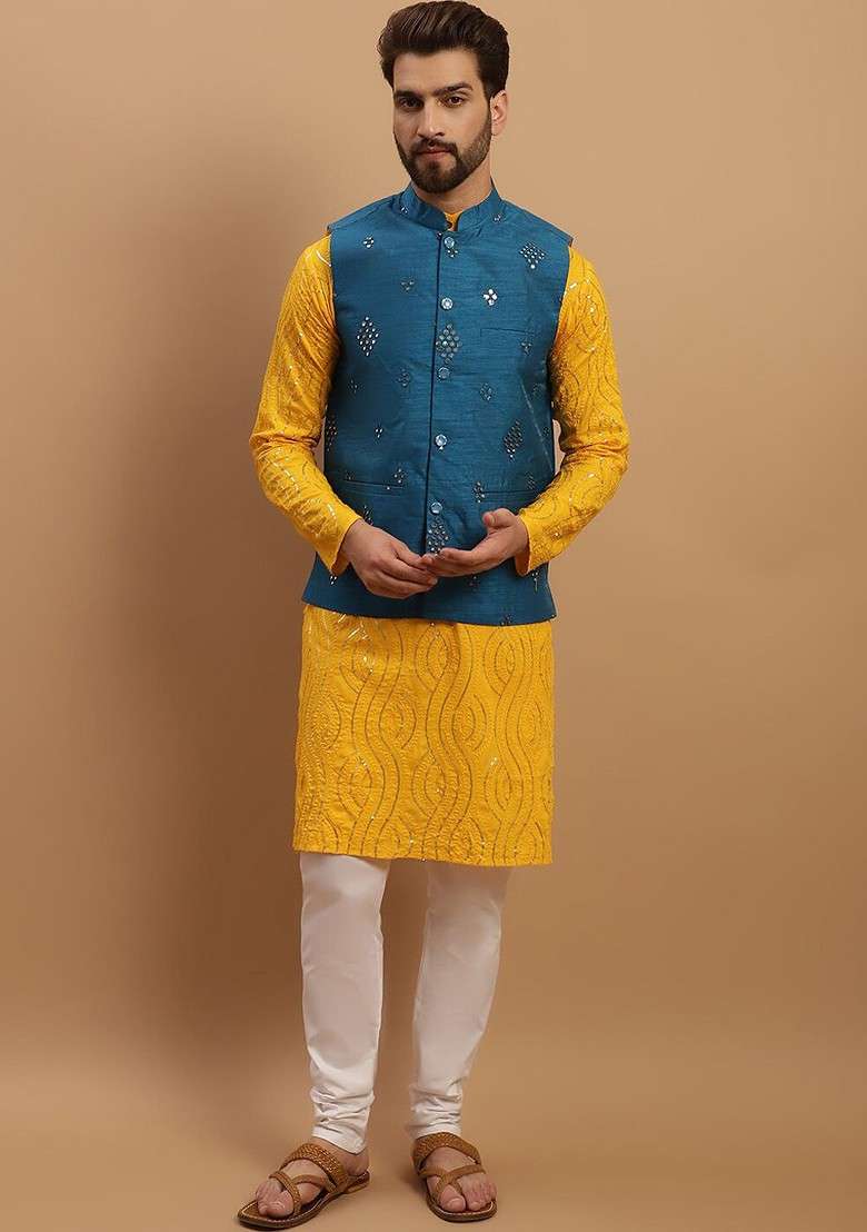 Mustard Embroidered Cotton Kurta Set For Men - Indya
