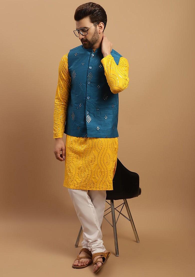 Mustard Embroidered Cotton Kurta Set For Men