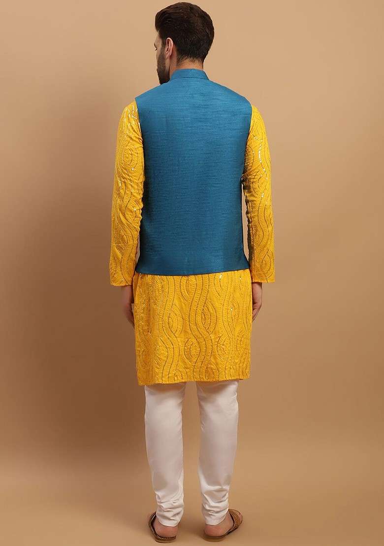 Mustard Embroidered Cotton Kurta Set For Men - Indya