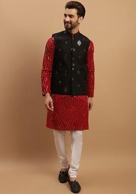 Maroon Embroidered Cotton Kurta Set For Men
