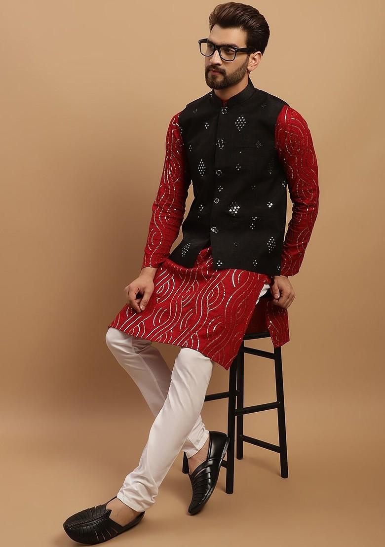 Maroon Embroidered Cotton Kurta Set For Men